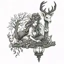Woods witch with horns, Capricorn, surrounded by animals, with a lantern and skull tattoo design idea