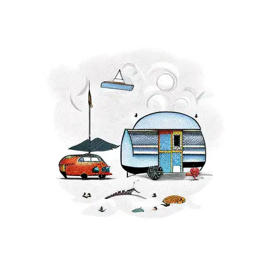 a fish and caravan tattoo design idea