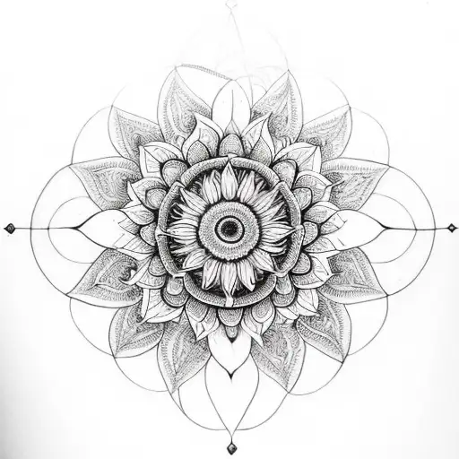 An intricate mandala design incorporating sunflowers, representing the balance between healing and growth tattoo design idea