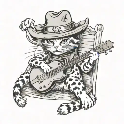 Cat wearing a cowboy hat relaxing while playing banjo tattoo design idea