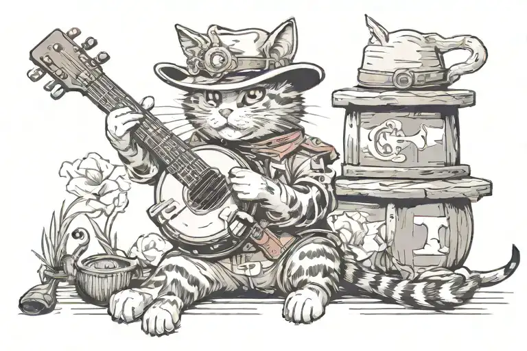 cat with a cowboy hat relaxing while playing banjo tattoo design idea