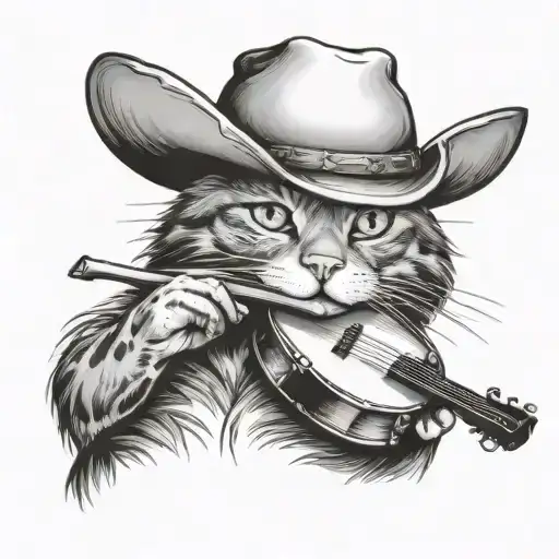 cat with a cowboy hat relaxing while playing banjo tattoo design idea