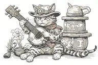 cat with a cowboy hat relaxing while playing banjo tattoo design idea