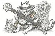 cat with a cowboy hat relaxing while playing banjo tattoo design idea