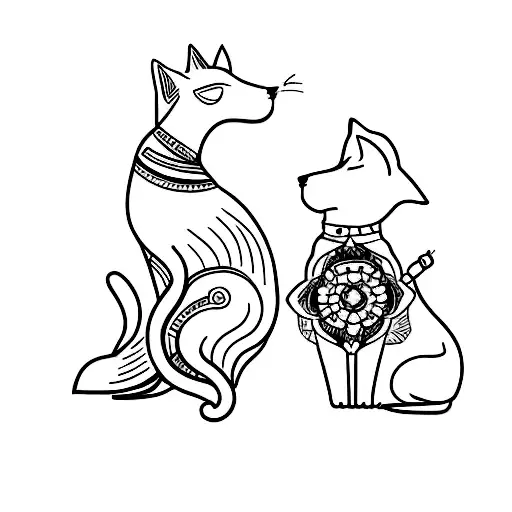 A minimalist tattoo of a cat and a longhair German Shepherd sitting together, representing your love for both animals. tattoo design idea