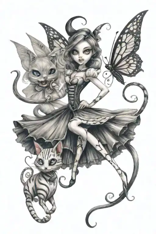 Disney with Jack Skellington Tinkerbell and Cat from Alice in Wonderland tattoo design idea