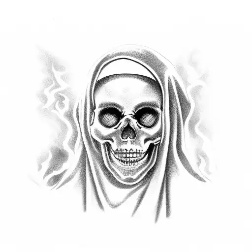 skeleton female nun with a finger on her mouth and a burning church in the background tattoo design idea