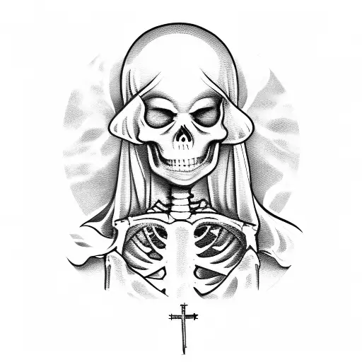 skeleton female nun shushing and a burning church in the background tattoo design idea