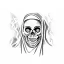 skeleton female nun with a finger on her mouth and a burning church in the background tattoo design idea