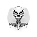 skeleton female nun with a finger on her mouth and a burning church in the background tattoo design idea