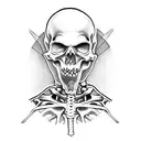 skeleton female nun with a finger on her mouth and a burning church in the background tattoo design idea