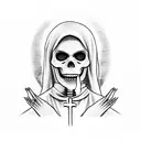 skeleton female nun with a finger on her mouth and a burning church in the background tattoo design idea