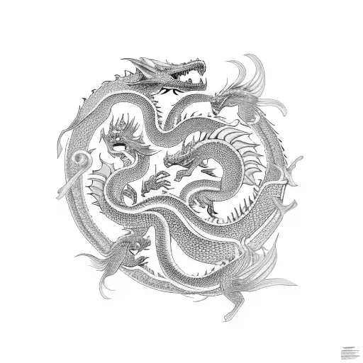 A family of dragons surrounded by a swirling sakura blossom pattern tattoo design idea