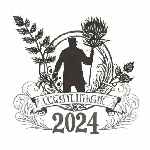 a central placement of the year "2024" in mordova font, a father and son silhouette, with the scottish thistle tattoo design idea