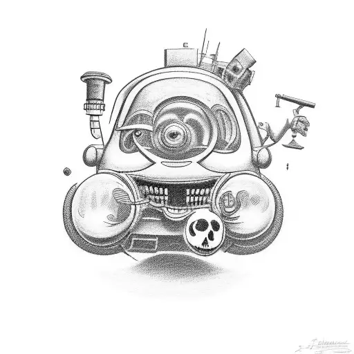 A goofy cartoon engineer surrounded by 80's horror and comedy characters tattoo design idea