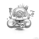 A goofy cartoon engineer surrounded by 80's horror and comedy characters tattoo design idea