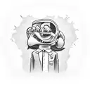 A goofy cartoon engineer surrounded by 80's horror and comedy characters tattoo design idea