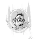 A goofy cartoon engineer surrounded by 80's horror and comedy characters tattoo design idea