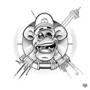 A goofy cartoon engineer surrounded by 80's horror and comedy characters tattoo design idea