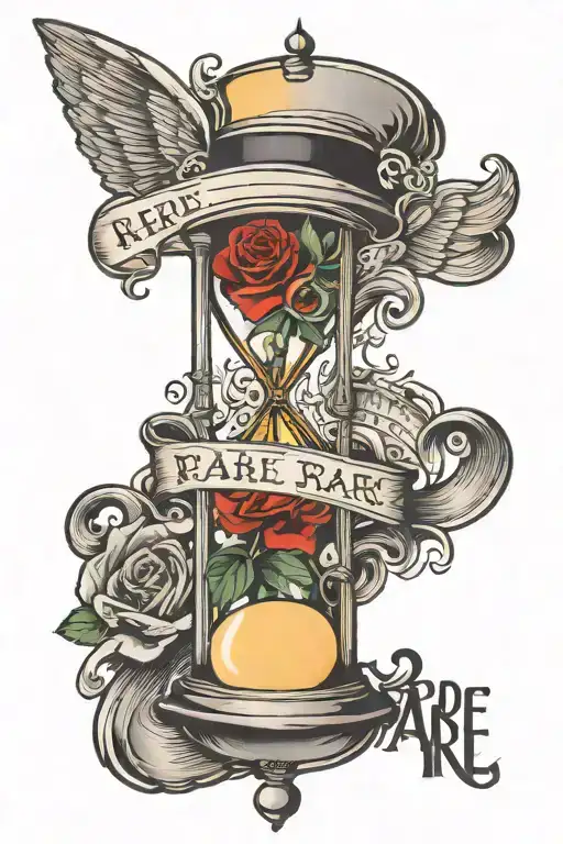 the word rare and a hour glass with shading in the background forearm tatto  tattoo design idea