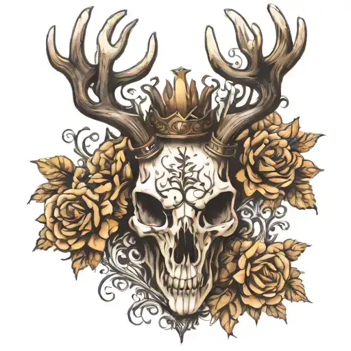 Stag skull wearing a black crown tattoo design idea