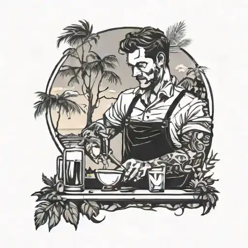 A silhouette of a bartender mixing drinks with elements of nature surrounding them tattoo design idea