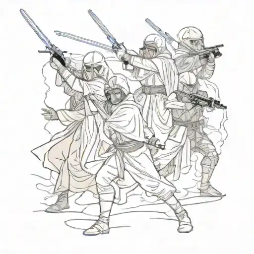 A mashup of Star Wars and Lord of the Rings characters in a battle scene tattoo design idea