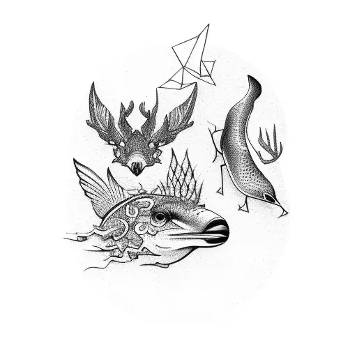 A dotwork tattoo of three animals (one from the forest, one from the sea, and one bird) tattoo design idea