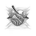 baseball cross with lightening and Houston skyline tattoo design idea