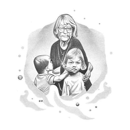 a grandmother holding her grandchild's hand while in the background there is chaos with 2 parents shouting tattoo design idea