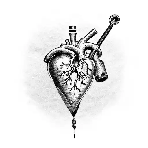 realism human heart with syringe and anchor, deconstruct and recombine tattoo design idea
