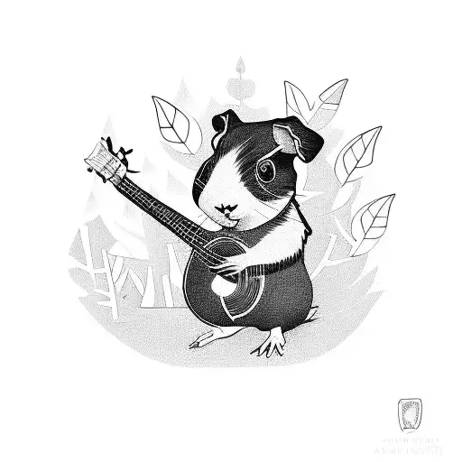 A blackwork tattoo of a guinea pig playing a ukulele in a forest tattoo design idea