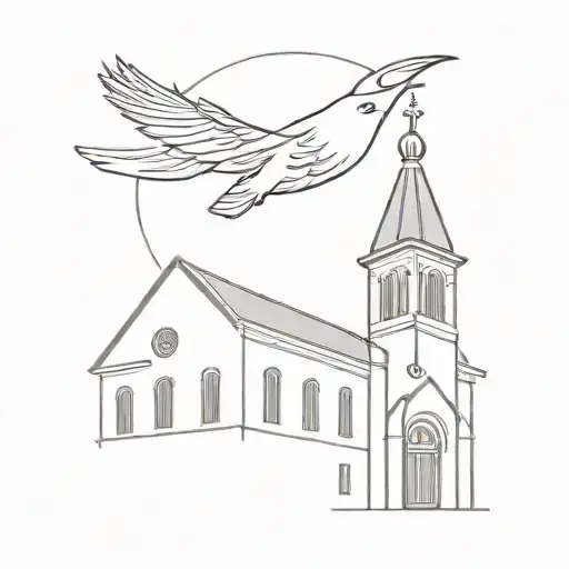 A unique tattoo design of a Georgian orthodoxe church with a mockingbird flying above it, combining your interests in religion and mockingbirds in a minimalist style. tattoo design idea