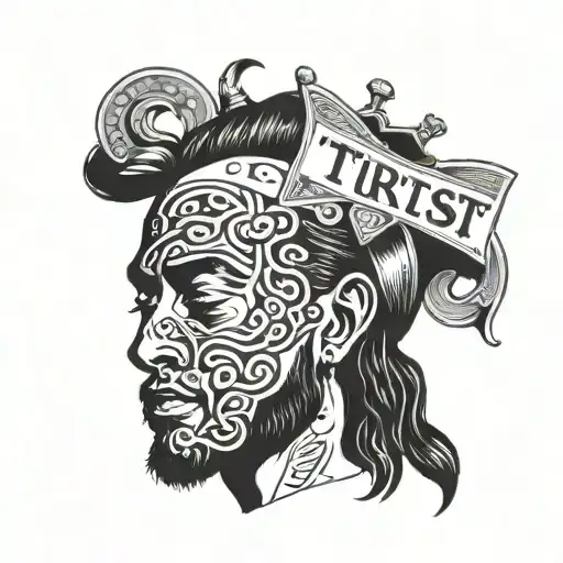 Saint Jude Tadeo with money and tattoos on his face with a phrase below that says just trust you  tattoo design idea