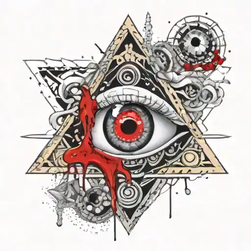 Gold silver and black All seeing eye surrounded by gemstones and crystals. blood dripping off and melting. tattoo design idea