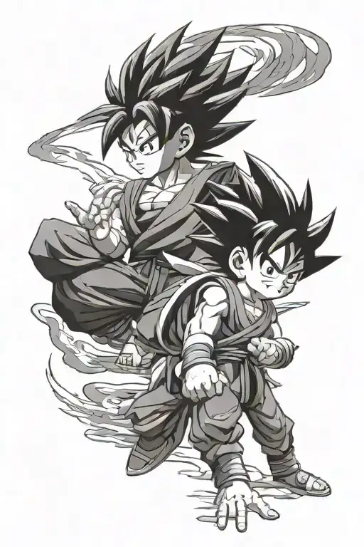 kid goku facing a silhouette of adult goku tattoo design idea