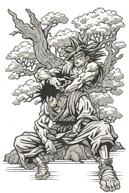 goofy goku sitting crossed legs eating rice under tree of knowledge tattoo design idea