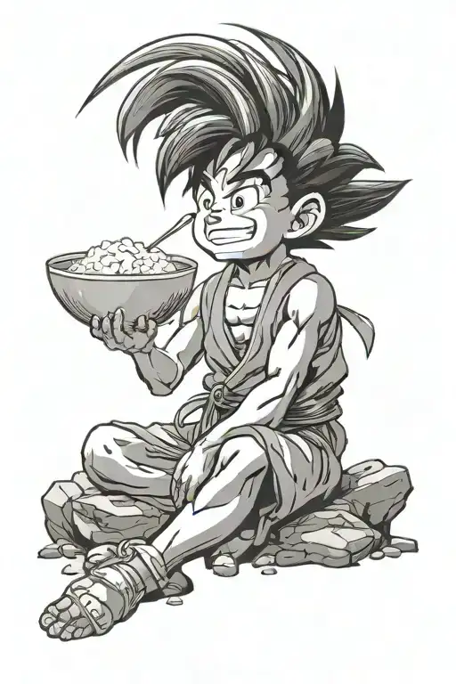 kid  goku sitting crossed legs eating rice under tree of knowledge tattoo design idea
