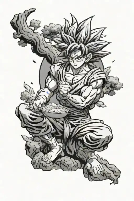 goku eating rice under tree of knowledge tattoo design idea