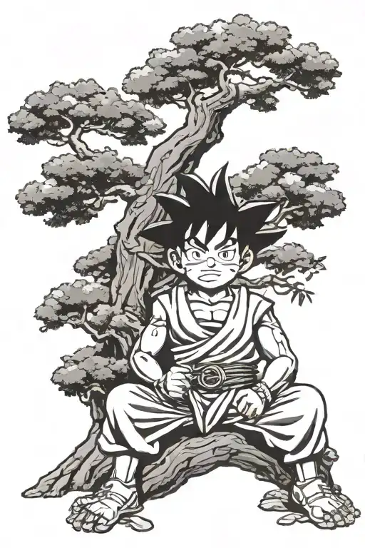 kid  goku sitting crossed legs eating rice under tree of knowledge tattoo design idea