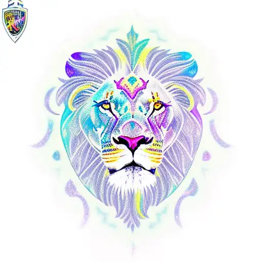 A majestic lion surrounded by psychedelic patterns and neon lights, representing the client's love for raving. tattoo design idea