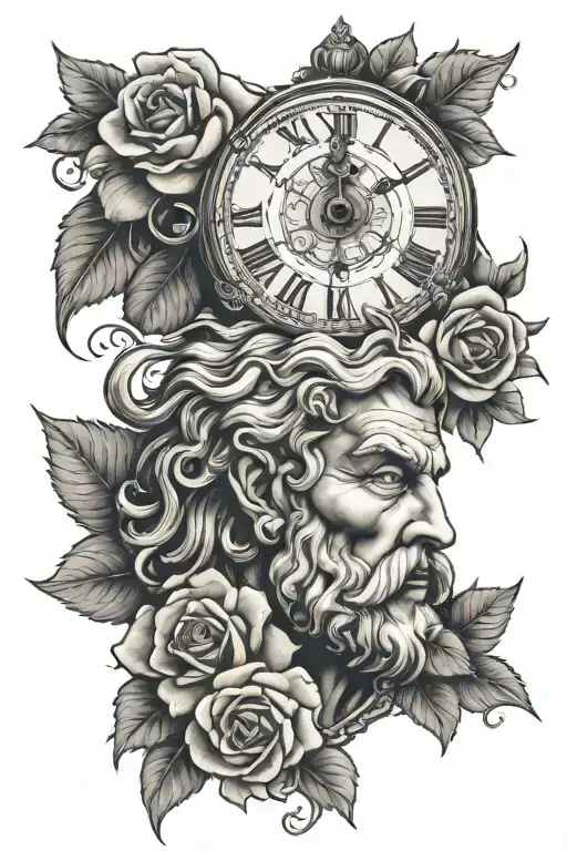 zeus face with clock and rose   tattoo design idea