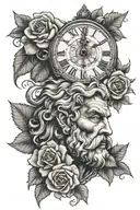 zeus face with clock and rose   tattoo design idea