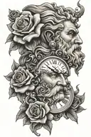 zeus face with clock and rose   tattoo design idea