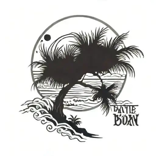 beach, palmetto tree, moon, the words Battle Born  tattoo design idea