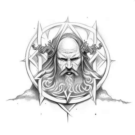 a pagan wizard standing at the gate of a portal tattoo design idea