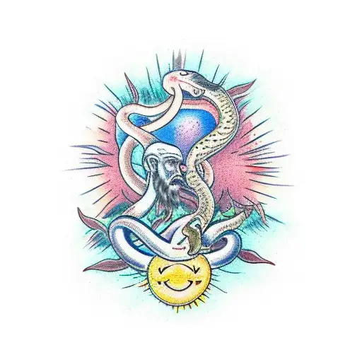 Make a full chest and abdomen tattoo of Adam and Eve and the Serpent in The Garden of Eden. The sun is shining strong tattoo design idea