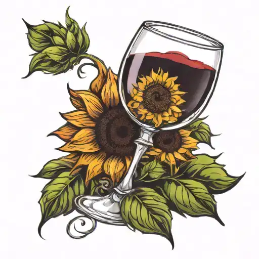 Wine glass with sunflower symbolizing eternity and commitment, wedding ring tattoo design idea