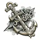 An anchor mix with a biblical cross. Written "strong foundation" in biblical Greek. tattoo design idea