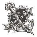 An anchor mix with a biblical cross. Written "strong foundation" in biblical Greek. tattoo design idea